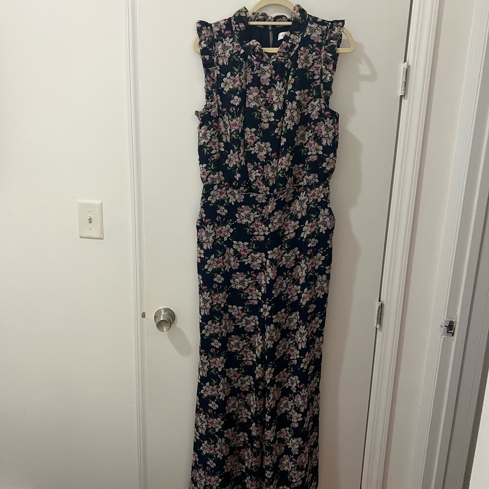 Anthropologie jumpsuit navy floral sleeveless ruffle